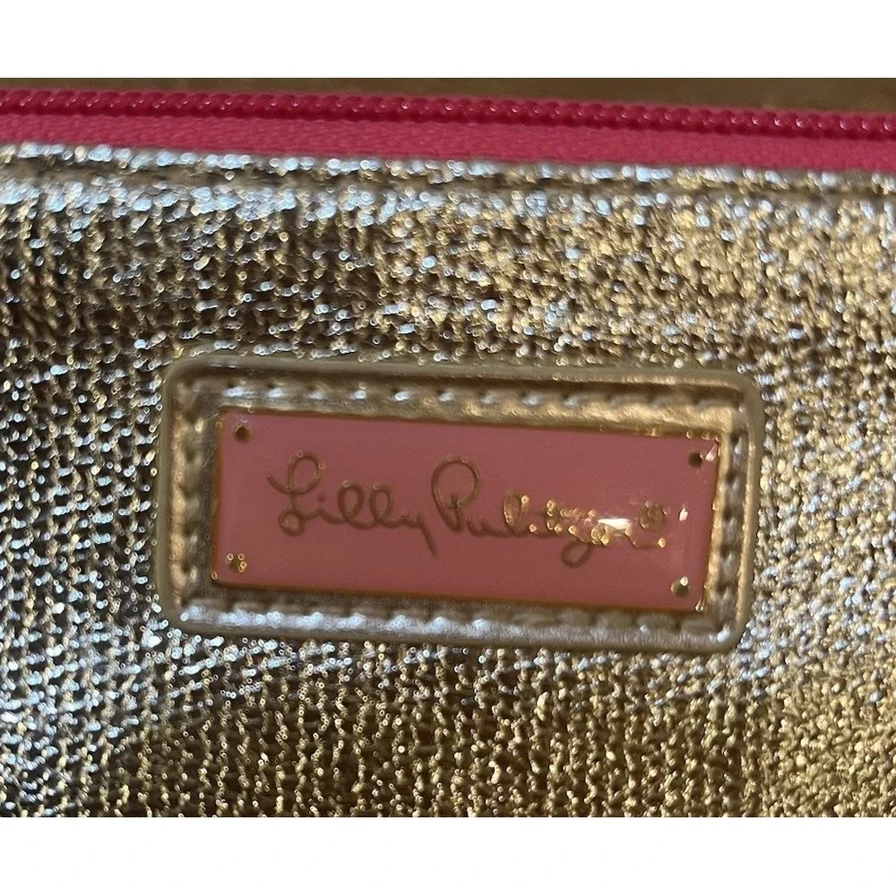 Lilly Pulitzer Gold Metallic Zip Coin Purse Wristlet Pink Lining Logo Charm